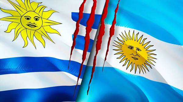 Yara Izi Olan Uruguay Arjantin Bayrakları Dalgalanan Bayrak Boyutlu Görüntüleme — Stok fotoğraf