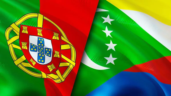 Σημαίες Πορτογαλίας Και Κομορών Σχεδιασμός Τρισδιάστατης Κυματιστή Σημαίας Πορτογαλία Κομόρες — Φωτογραφία Αρχείου