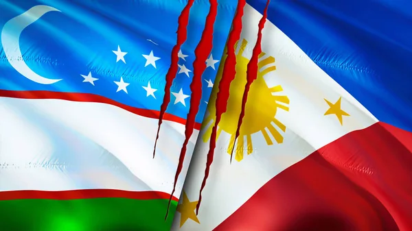 Uzbekistan and Philippines flags with scar concept. Waving flag,3D rendering. Uzbekistan and Philippines conflict concept. Uzbekistan Philippines relations concept. flag of Uzbekistan an