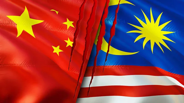 Флаги Китая Малайзии Шрамом Флажок Рендеринг Концепция Конфликта Между Китаем — стоковое фото