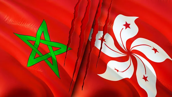 Morocco and Hong Kong flags with scar concept. Waving flag,3D rendering. Morocco and Hong Kong conflict concept. Morocco Hong Kong relations concept. flag of Morocco and Hong Kong crisis,war, attac