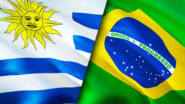 Uruguay and Brazil flags. 3D Waving flag design. Uruguay Brazil flag, picture, wallpaper. Uruguay vs Brazil image,3D rendering. Uruguay Brazil relations alliance and Trade,travel,tourism concep