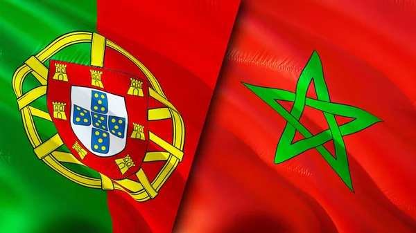 Portugals Och Marockos Flagg Viftande Flagga Design Portugal Marocko Flagga — Stockfoto