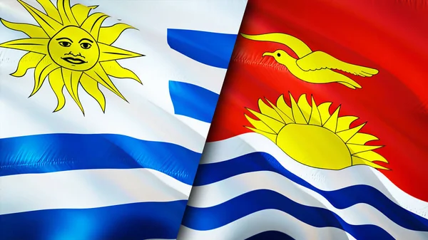 乌拉圭和基里巴斯的国旗 3D波浪旗帜设计 乌拉圭基里巴斯国旗 乌拉圭对基里巴斯的图像 3D渲染 乌拉圭基里巴斯关系联盟与贸易 — 图库照片