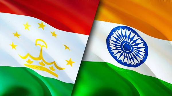 Tajikistan and India flags. 3D Waving flag design. Tajikistan India flag, picture, wallpaper. Tajikistan vs India image,3D rendering. Tajikistan India relations alliance and Trade,travel,touris