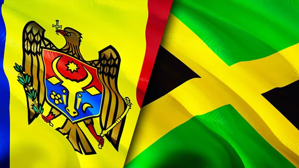 Moldavië Jamaica Vlaggen Waving Vlag Ontwerp Moldavië Jamaica Vlag Foto — Stockfoto