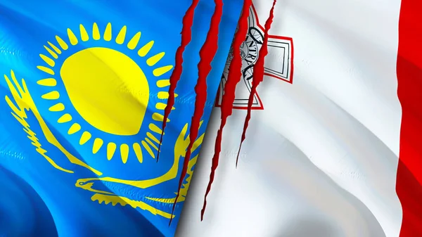 Kazakhstan and Malta flags with scar concept. Waving flag,3D rendering. Kazakhstan and Malta conflict concept. Kazakhstan Malta relations concept. flag of Kazakhstan and Malta crisis,war, attac