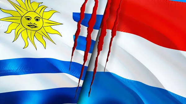 Bandeiras Uruguai Luxemburgo Com Conceito Cicatriz Bandeira Ondulada Renderização Conceito — Fotografia de Stock