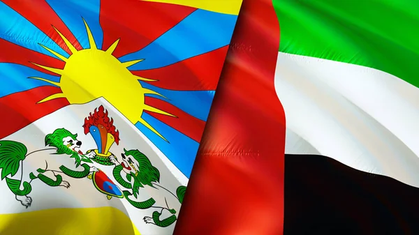 Tibet and United Arab Emirates flags with scar concept. Waving flag,3D rendering. Tibet and United Arab Emirates conflict concept. Tibet United Arab Emirates relations concept. flag of Tibet an