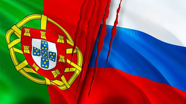 Portogallo Russia Bandiere Con Concetto Cicatrice Bandiera Sventolante Rendering Portogallo — Foto Stock