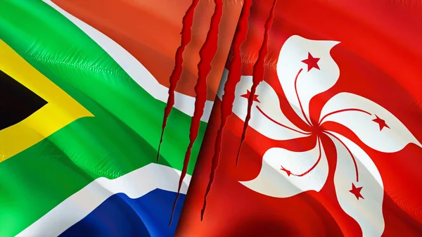 South Africa and Hong Kong flags with scar concept. Waving flag,3D rendering. South Africa and Hong Kong conflict concept. South Africa Hong Kong relations concept. flag of South Africa and Hon