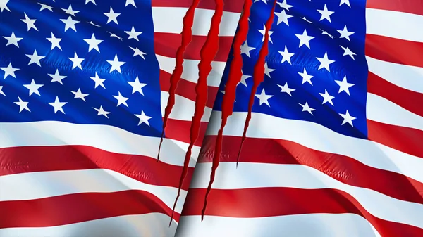 具有疤痕概念的美国和美国国旗 飘扬的旗帜 3D渲染 美国和美国的冲突概念 美国的关系概念 美国国旗危机 美国国旗 — 图库照片