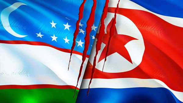 Uzbekistan and North Korea flags with scar concept. Waving flag,3D rendering. Uzbekistan and North Korea conflict concept. Uzbekistan North Korea relations concept. flag of Uzbekistan and Nort