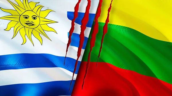 Uruguay and Lithuania flags with scar concept. Waving flag,3D rendering. Uruguay and Lithuania conflict concept. Uruguay Lithuania relations concept. flag of Uruguay and Lithuania crisis,war, attac
