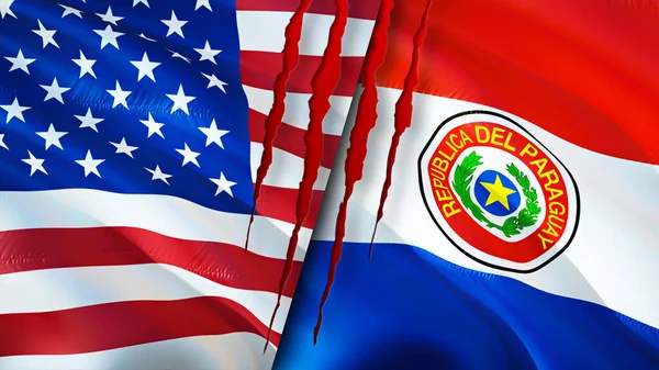 带有伤疤概念的美国和巴拉圭国旗 飘扬的旗帜 3D渲染 美国和巴拉圭冲突概念 美国巴拉圭关系概念 美国和巴拉圭的国旗危机 — 图库照片