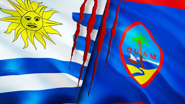 乌拉圭和关岛带有伤疤概念的国旗 飘扬的旗帜 3D渲染 乌拉圭和关岛冲突概念 乌拉圭关岛关系概念 乌拉圭国旗和关岛危机 — 图库照片