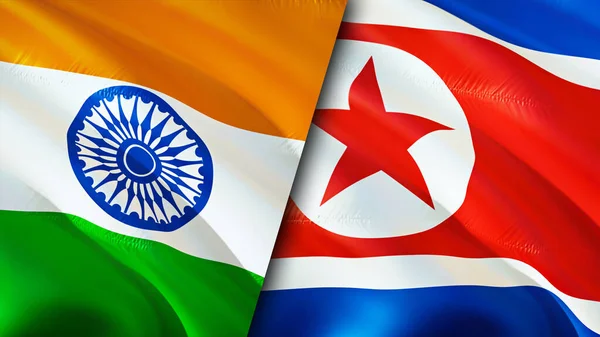 India and North Korea flags. 3D Waving flag design. India North Korea flag, picture, wallpaper. India vs North Korea image,3D rendering. India North Korea relations alliance and Trade,travel,touris