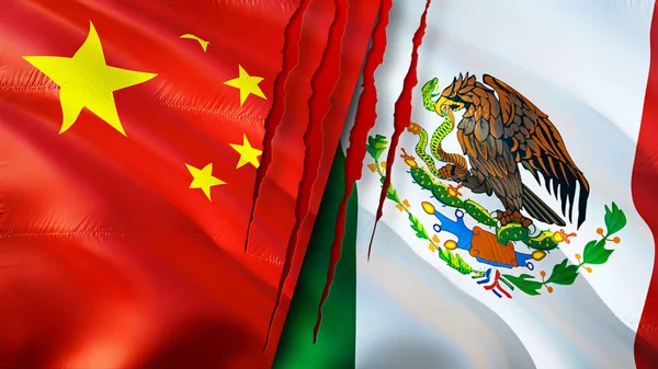 China and Mexico flags with scar concept. Waving flag,3D rendering. China and Mexico conflict concept. China Mexico relations concept. flag of China and Mexico crisis,war, attack concep