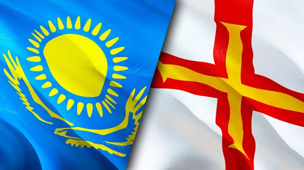 Kazakhstan and Guernsey flags. 3D Waving flag design. Kazakhstan Guernsey flag, picture, wallpaper. Kazakhstan vs Guernsey image,3D rendering. Kazakhstan Guernsey relations alliance an