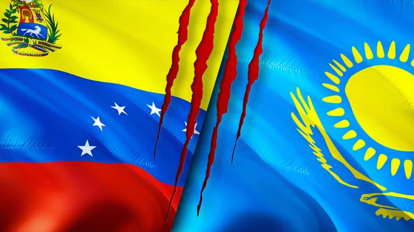 ベネズエラとカザフスタンは傷跡の概念でフラグを立てます 旗を振って3Dレンダリング ベネズエラとカザフスタンの紛争の概念 ベネズエラカザフスタン関係の概念 ベネズエラとカザフスタンの国旗です — ストック写真