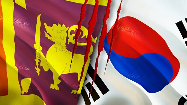 Sri Lanka and South Korea flags with scar concept. Waving flag,3D rendering. Sri Lanka and South Korea conflict concept. Sri Lanka South Korea relations concept. flag of Sri Lanka and South Kore