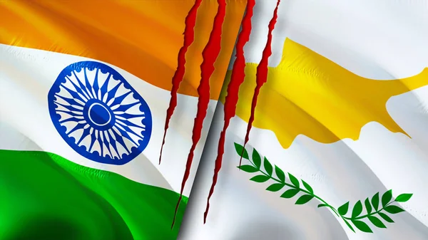 带有伤疤概念的印度和塞浦路斯国旗 飘扬的旗帜 3D渲染 印度和塞浦路斯冲突概念 印度塞浦路斯关系概念 印度国旗和塞浦路斯危机 — 图库照片