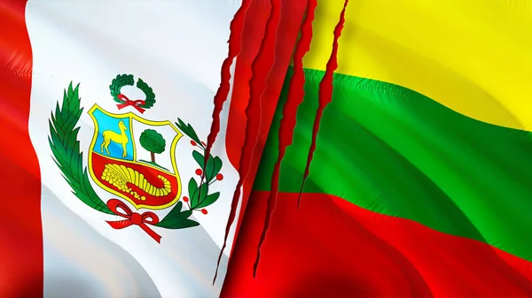 Peru and Lithuania flags with scar concept. Waving flag,3D rendering. Peru and Lithuania conflict concept. Peru Lithuania relations concept. flag of Peru and Lithuania crisis,war, attack concep