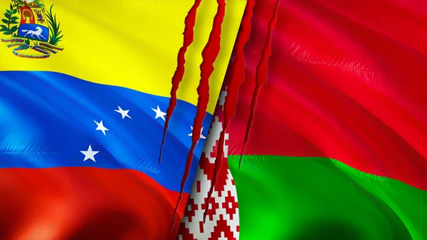 Venezuela and Belarus flags with scar concept. Waving flag,3D rendering. Venezuela and Belarus conflict concept. Venezuela Belarus relations concept. flag of Venezuela and Belarus crisis,war, attac