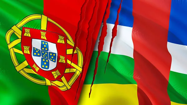 ポルトガルと中央アフリカ共和国は傷の概念でフラグを立てます 旗を振って3Dレンダリング ポルトガルと中央アフリカ共和国の対立概念 ポルトガル中央アフリカ共和国関係の概念 — ストック写真