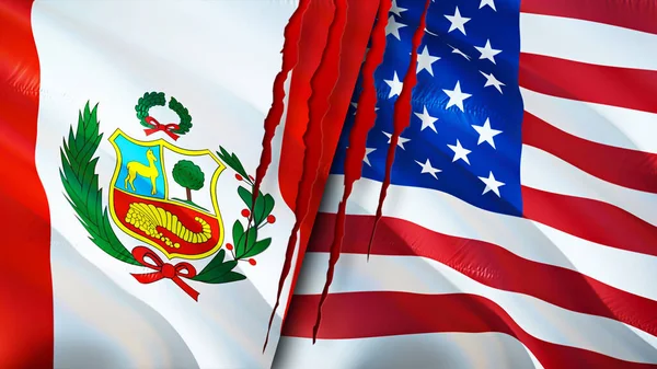 Peru Och Usa Flaggor Med Ärr Koncept Viftar Med Flaggan — Stockfoto