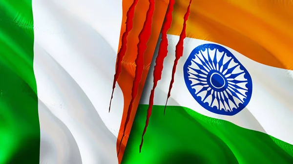 Ierland India Vlaggen Met Litteken Concept Wuivende Vlag Rendering Conflictconcept — Stockfoto