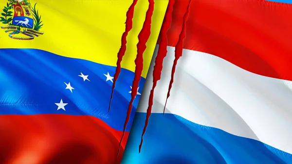 ベネズエラとルクセンブルクは傷の概念でフラグ 旗を振って3Dレンダリング ベネズエラとルクセンブルク紛争の概念 ベネズエラルクセンブルク関係の概念 ベネズエラとルクセンブルクの国旗 — ストック写真