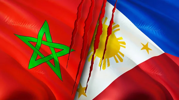 Morocco and Philippines flags with scar concept. Waving flag,3D rendering. Morocco and Philippines conflict concept. Morocco Philippines relations concept. flag of Morocco and Philippine