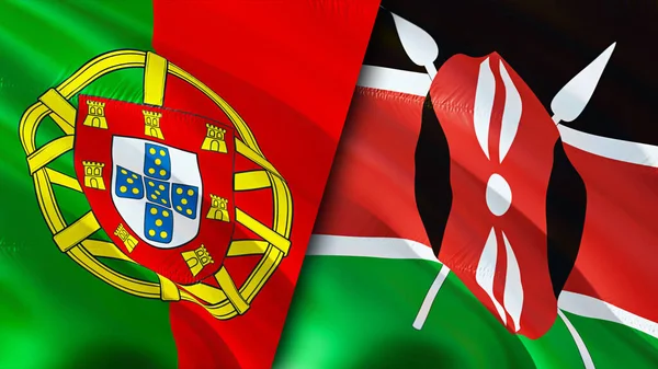 Portekiz Kenya Bayrakları Boyutlu Dalgalanan Bayrak Tasarımı Portekiz Kenya Bayrağı — Stok fotoğraf