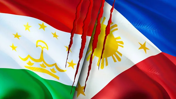 Tajikistan and Philippines flags with scar concept. Waving flag,3D rendering. Tajikistan and Philippines conflict concept. Tajikistan Philippines relations concept. flag of Tajikistan an