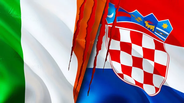 Ireland and Croatia flags with scar concept. Waving flag 3D rendering. Ireland and Croatia conflict concept. Ireland Croatia relations concept. flag of Ireland and Croatia crisis,war, attack concep