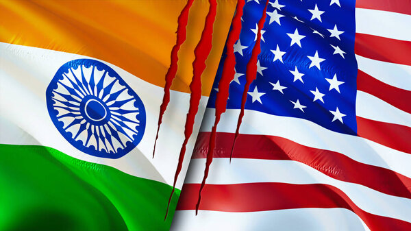 Флаги Индии и США со шрамом. Флажок, 3D рендеринг. Концепция конфликта между Индией и США. Концепция отношений с Индией. флаг Индии и США
