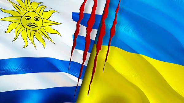 Banderas Uruguay Ucrania Con Concepto Cicatriz Bandera Ondeante Representación Uruguay — Foto de Stock