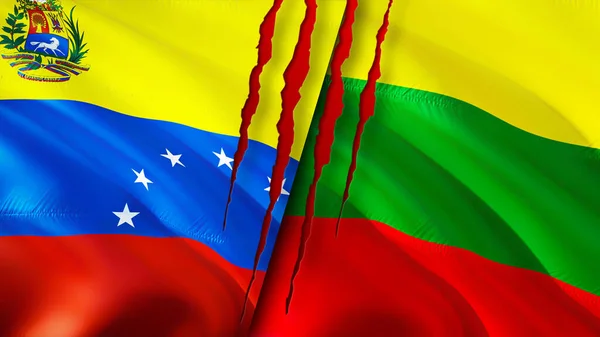 Venezuela and Lithuania flags with scar concept. Waving flag,3D rendering. Venezuela and Lithuania conflict concept. Venezuela Lithuania relations concept. flag of Venezuela and Lithuani