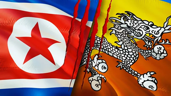 North Korea and Bhutan flags with scar concept. Waving flag,3D rendering. North Korea and Bhutan conflict concept. North Korea Bhutan relations concept. flag of North Korea and Bhutan crisis,war
