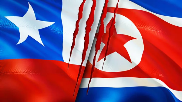 칠레와 북한은 흉터가 깃발을 꽂았다 웨이브 플래그 렌더링 칠레와 북한의 — 스톡 사진