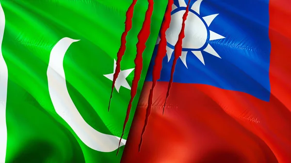 Pakistan and Taiwan flags with scar concept. Waving flag,3D rendering. Pakistan and Taiwan conflict concept. Pakistan Taiwan relations concept. flag of Pakistan and Taiwan crisis,war, attack concep