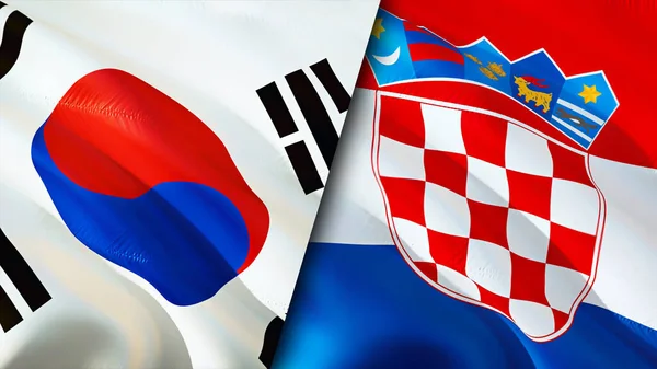 South Korea and Croatia flags. 3D Waving flag design. South Korea Croatia flag, picture, wallpaper. South Korea vs Croatia image,3D rendering. South Korea Croatia relations alliance an
