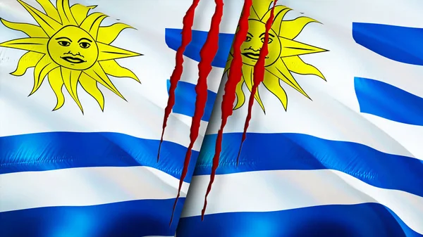 Uruguay and Uruguay flags with scar concept. Waving flag,3D rendering. Uruguay and Uruguay conflict concept. Uruguay Uruguay relations concept. flag of Uruguay and Uruguay crisis,war, attack concep