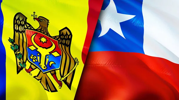 Moldova and Chile flags. 3D Waving flag design. Moldova Chile flag, picture, wallpaper. Moldova vs Chile image,3D rendering. Moldova Chile relations alliance and Trade,travel,tourism concep
