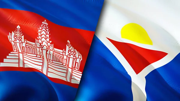 Cambodia and Saint Martin flags. 3D Waving flag design. Cambodia Saint Martin flag, picture, wallpaper. Cambodia vs Saint Martin image,3D rendering. Cambodia Saint Martin relations alliance an