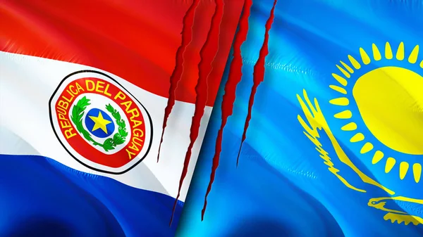 Paraguay and Kazakhstan flags with scar concept. Waving flag,3D rendering. Paraguay and Kazakhstan conflict concept. Paraguay Kazakhstan relations concept. flag of Paraguay and Kazakhsta