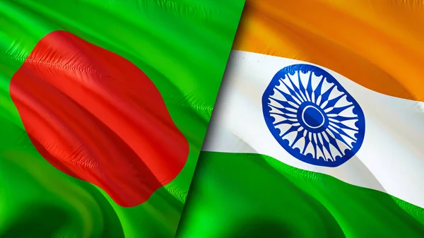Bangladesh and India flags. 3D Waving flag design. Bangladesh India flag, picture, wallpaper. Bangladesh vs India image,3D rendering. Bangladesh India relations alliance and Trade,travel,touris