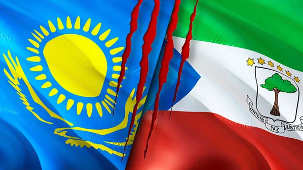Kazakhstan and Equatorial Guinea flags with scar concept. Waving flag,3D rendering. Kazakhstan and Equatorial Guinea conflict concept. Kazakhstan Equatorial Guinea relations concept. flag o