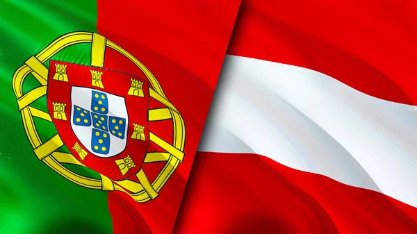 Portugal and Austria flags. 3D Waving flag design. Portugal Austria flag, picture, wallpaper. Portugal vs Austria image,3D rendering. Portugal Austria relations alliance and Trade,travel,touris